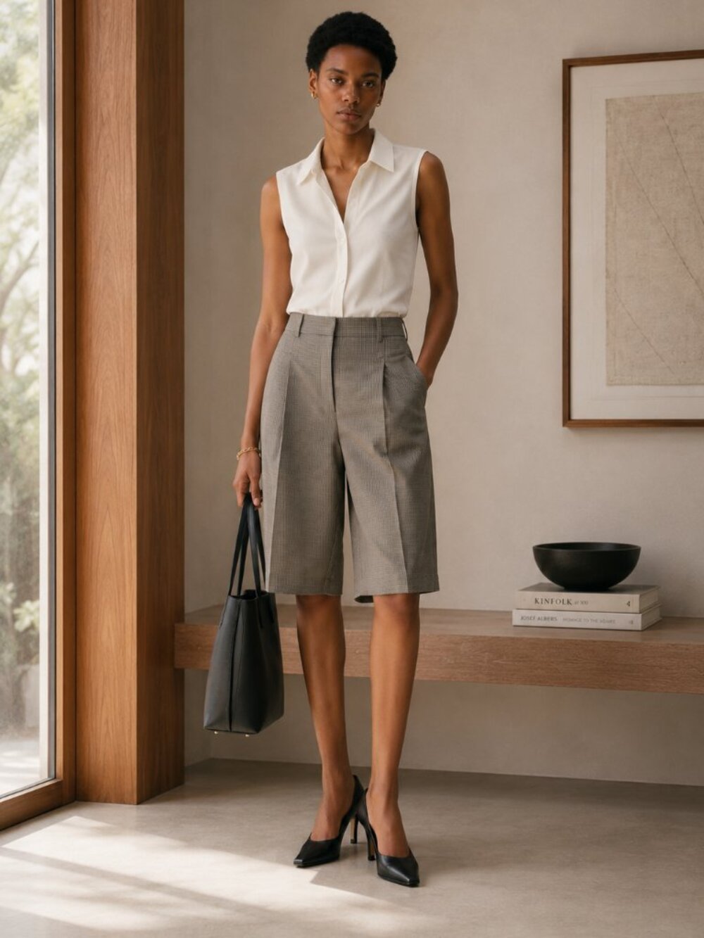 Aritzia Touchpoint Bermuda Trouser Shorts 00 Brown Taupe Check NWT